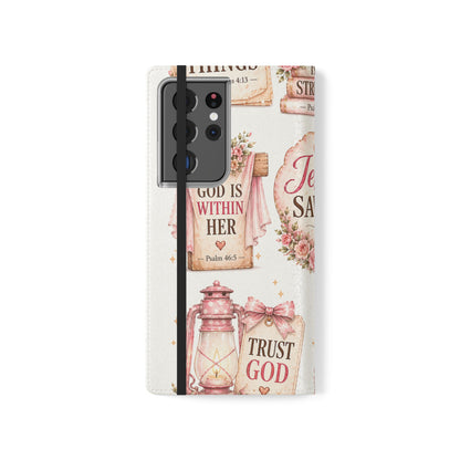 Christian Floral Phone Flip Case — "Jesus Saves" & Inspirational Scripture Wallet Cover