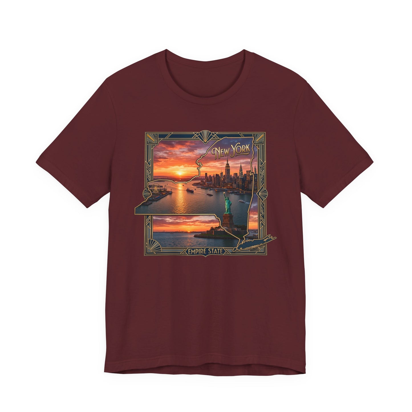 New York Sunset Skyline Tee — Statue of Liberty Vintage Travel T‑Shirt