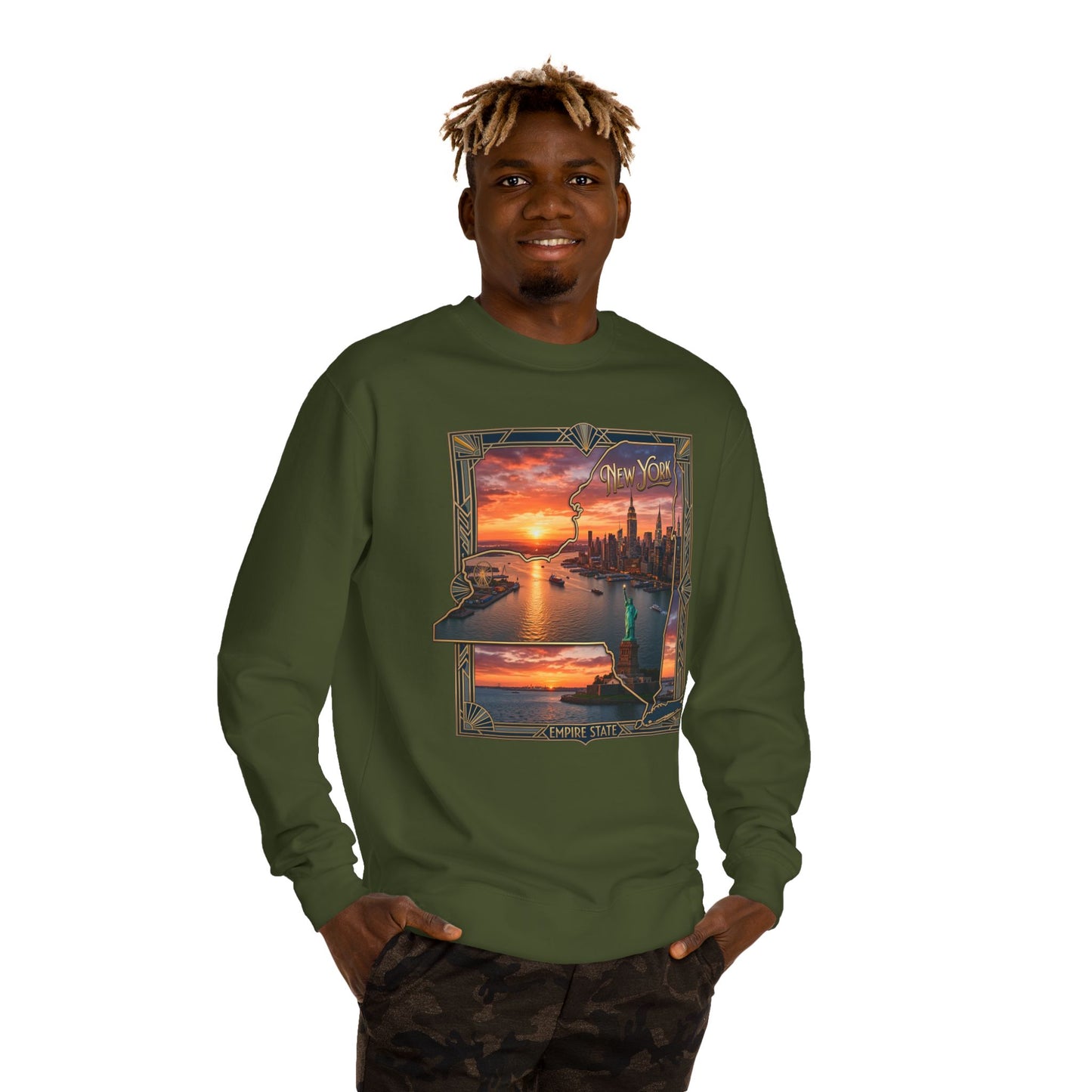 New York Sunset Crewneck Sweatshirt — Statue of Liberty Skyline Graphic