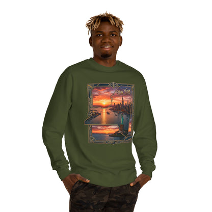 New York Sunset Crewneck Sweatshirt — Statue of Liberty Skyline Graphic