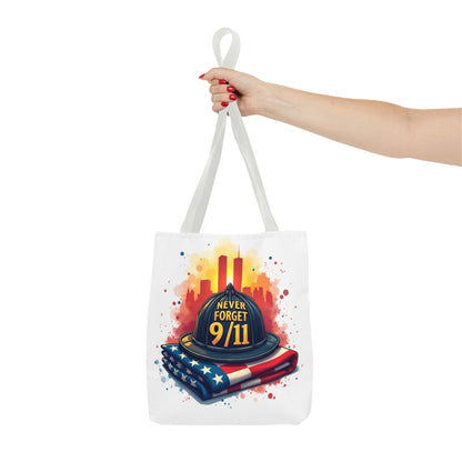 Never Forget 9/11 Memorial Tote Bag — Firefighter Helmet & Flag Tribute