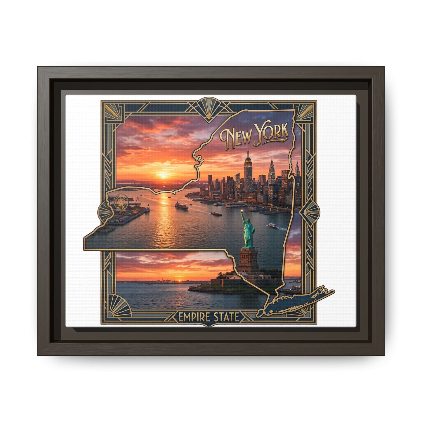 Framed Matte Canvas Wall Art — New York City Sunset Skyline with Statue of Liberty