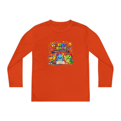 First Grade Ready Youth Long Sleeve Tee — "First Grade Here I Come" Back-to-School Shirt