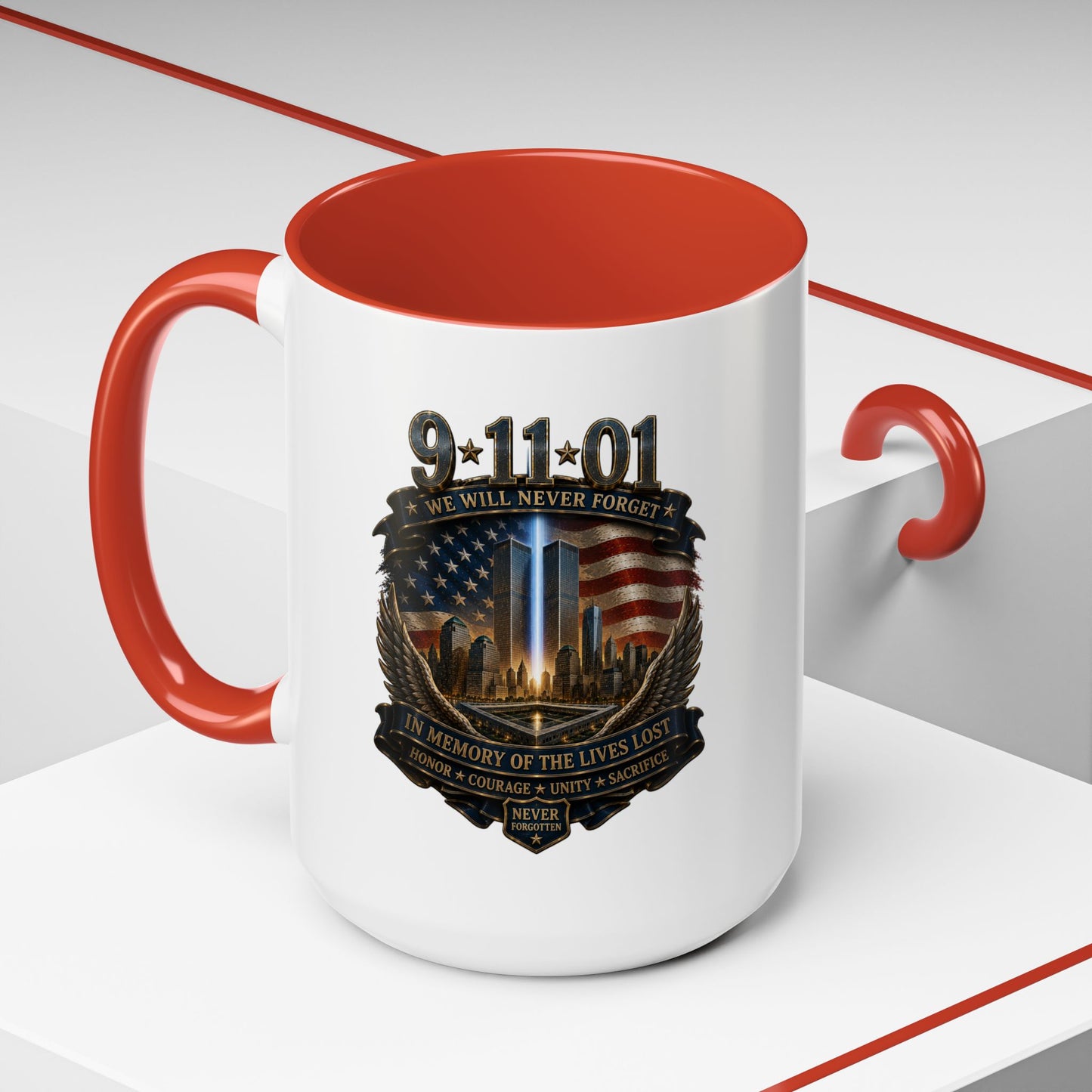 9/11 Memorial Coffee Mug — 'We Will Never Forget' Tribute Accent Mug