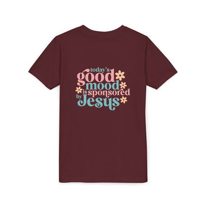 Youth Tee – "Today's Good Mood is Sponsored by Jesus" Retro Floral Christian Shirt