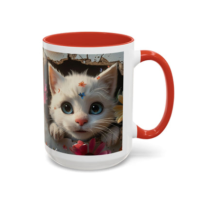 Cute White Kitten Coffee Mug – Floral Accent 11/15oz