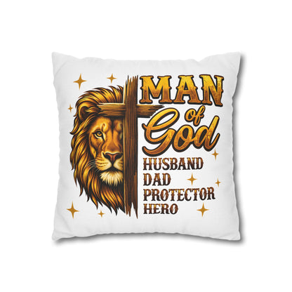Christian Lion Cross Pillow — "Man of God" Husband Dad Protector Hero Throw Pillowcase