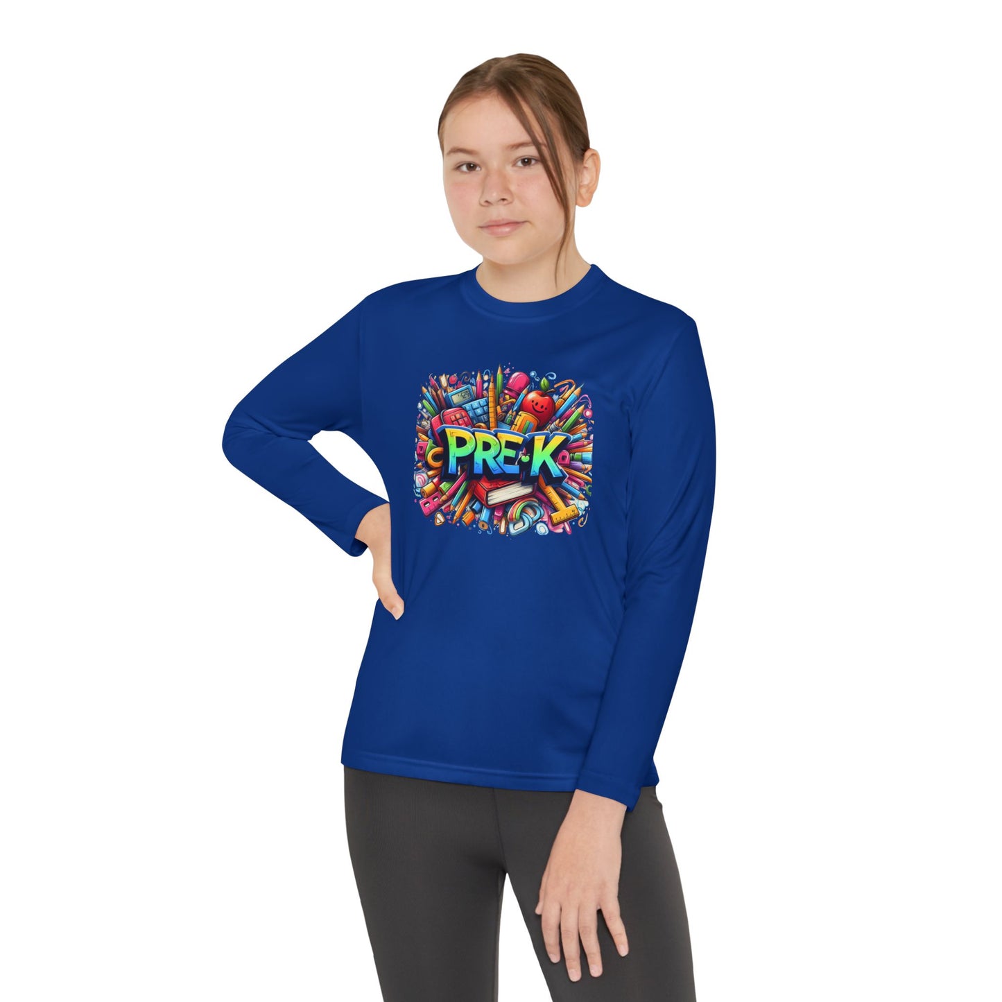 PRE-K Youth Long Sleeve Tee — Colorful School Supplies Design