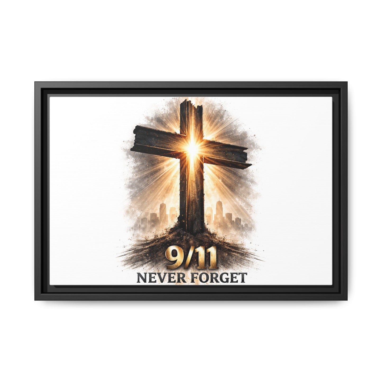 9/11 Never Forget Framed Canvas Wall Art — Memorial Cross Tribute