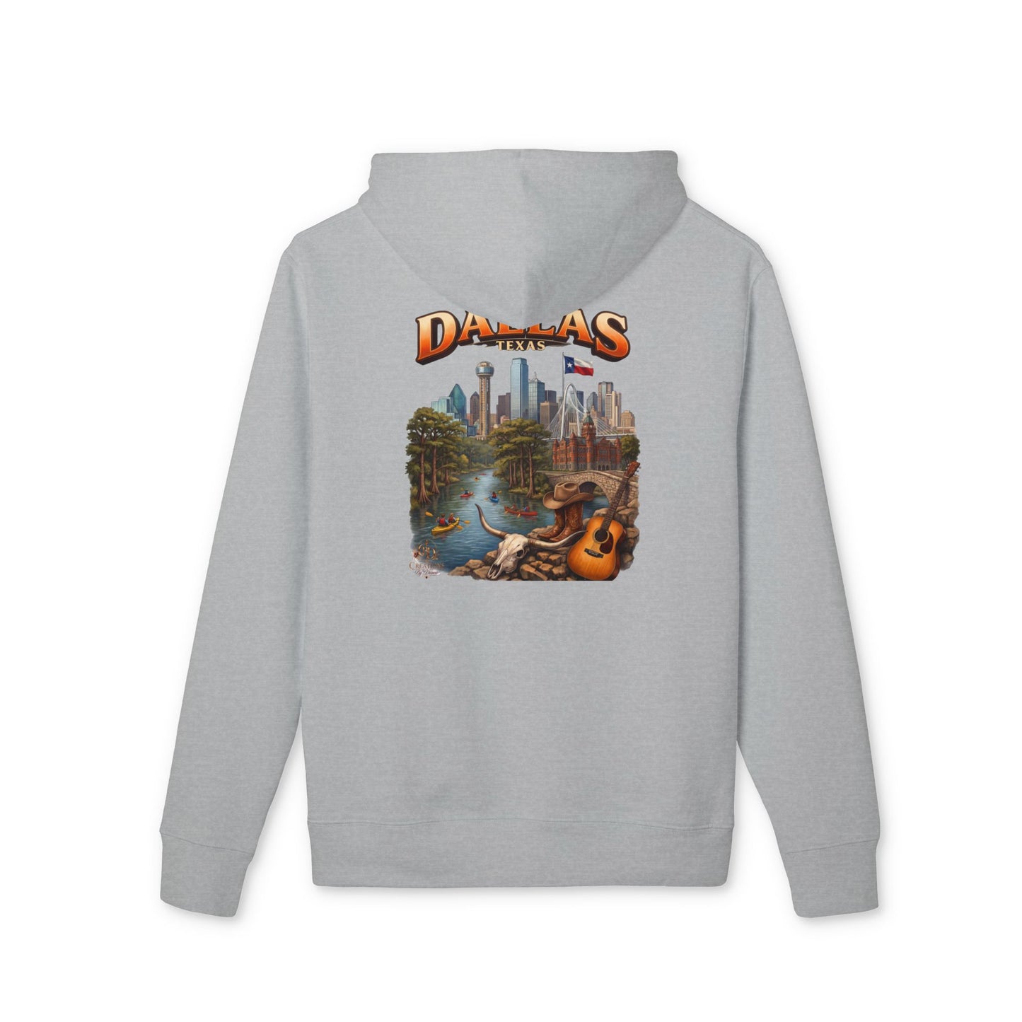 Dallas Cityscape Hoodie — Retro Skyline, River & Guitar Graphic