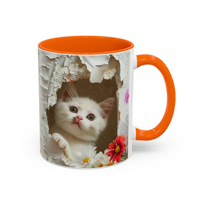Peek-A-Boo Kitten Accent Coffee Mug — Cute Cat Floral Design (11/15oz)