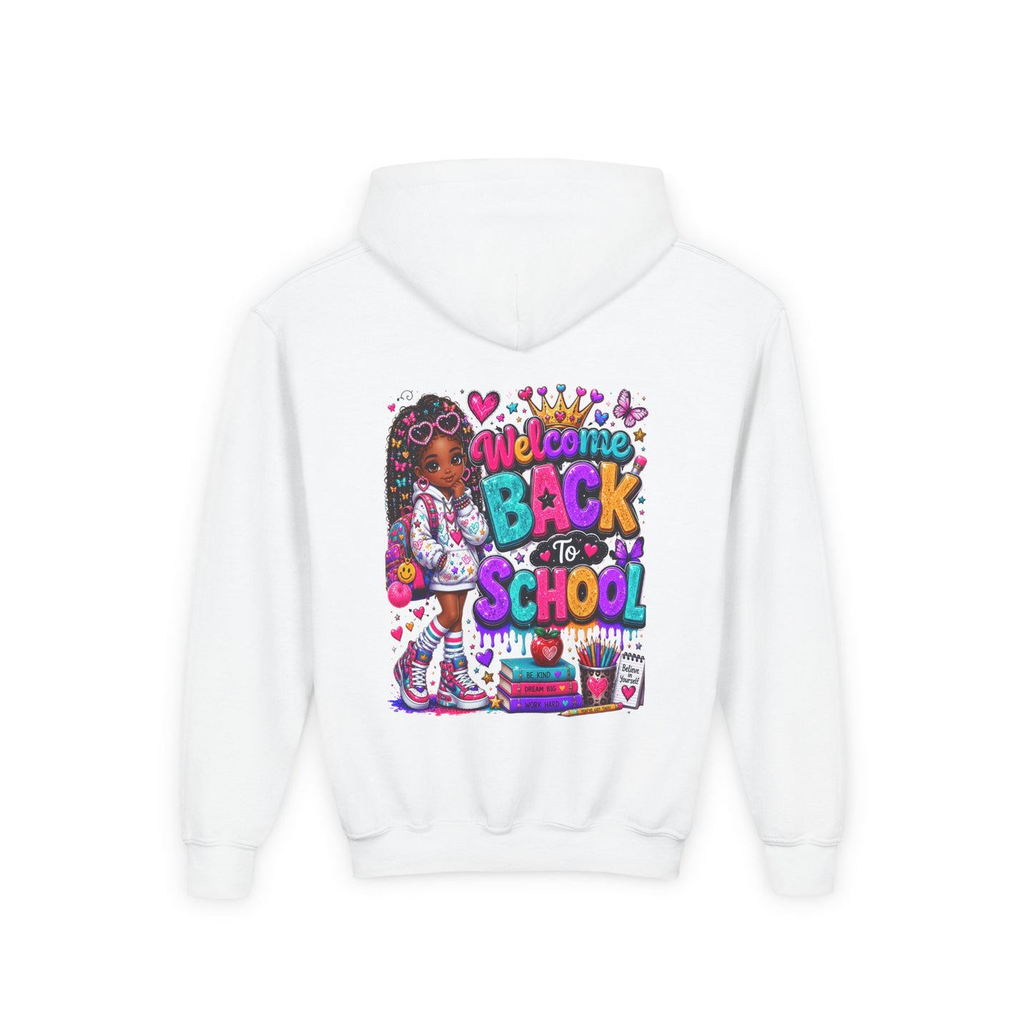 Welcome Back to School Youth Hoodie — Colorful Girl Backpack Design