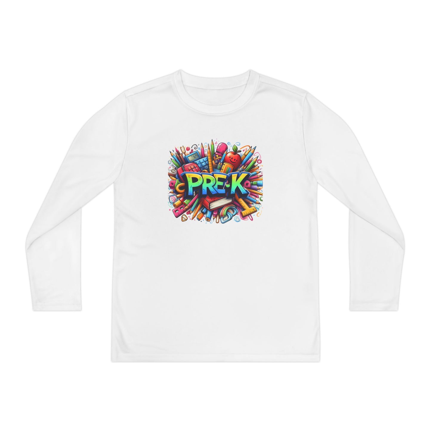 PRE-K Youth Long Sleeve Tee — Colorful School Supplies Design
