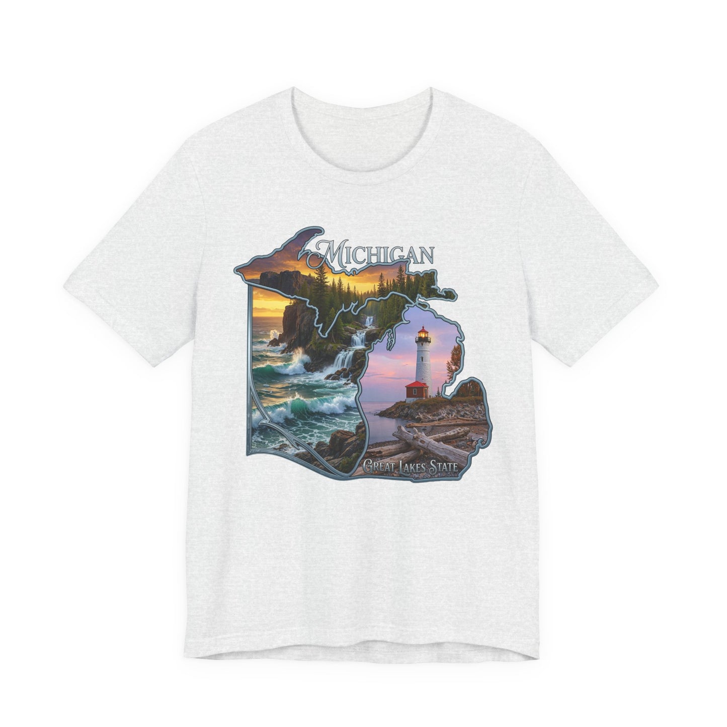 Michigan Scenic Map T-Shirt — Great Lakes Lighthouse Sunset Tee