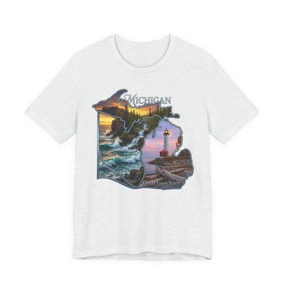 Michigan Scenic Map T-Shirt — Great Lakes Lighthouse Sunset Tee