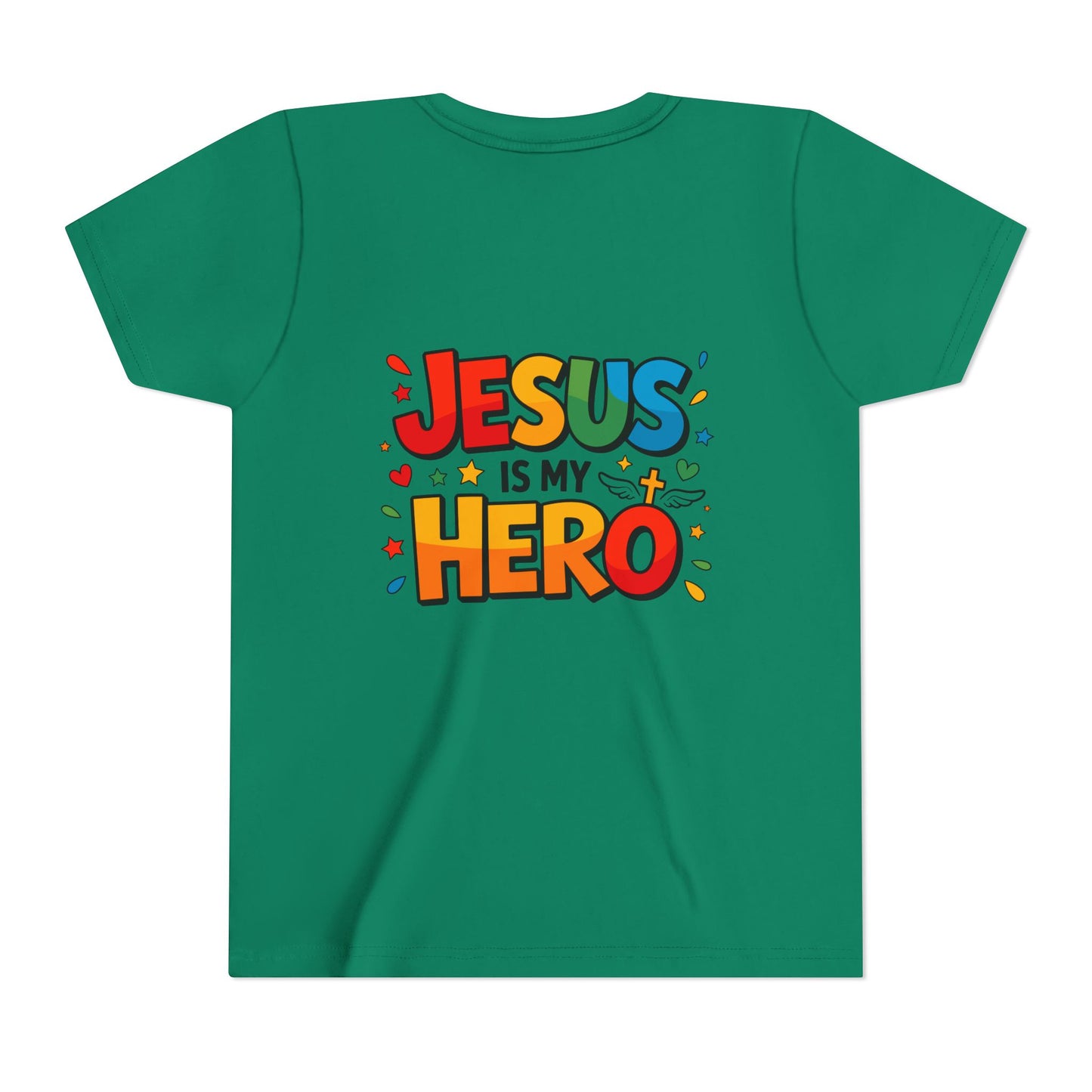 Youth Tee — "Jesus Is My Hero" Colorful Kids Christian T-Shirt