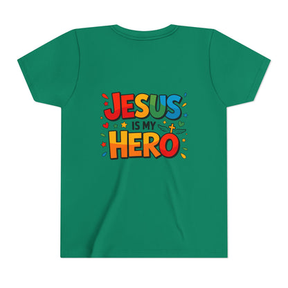 Youth Tee — "Jesus Is My Hero" Colorful Kids Christian T-Shirt