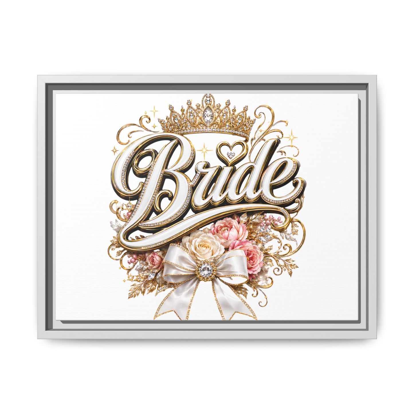 Framed Bride Canvas Wall Art — Elegant Bridal Crown & Floral Wedding Decor