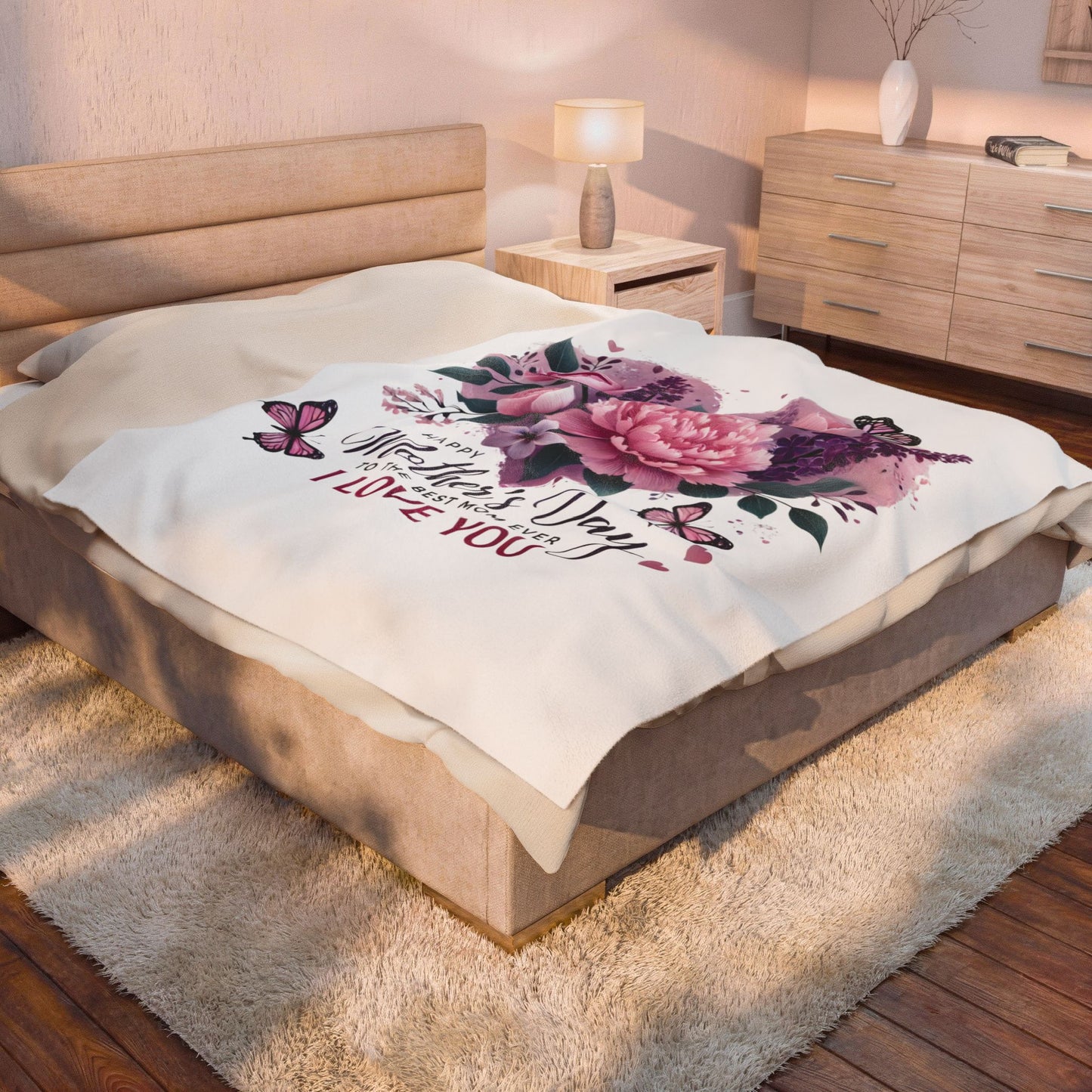 Mother's Day Velveteen Plush Blanket – "Happy Mother's Day to the Best Mom Ever I Love You" Floral Heart Design