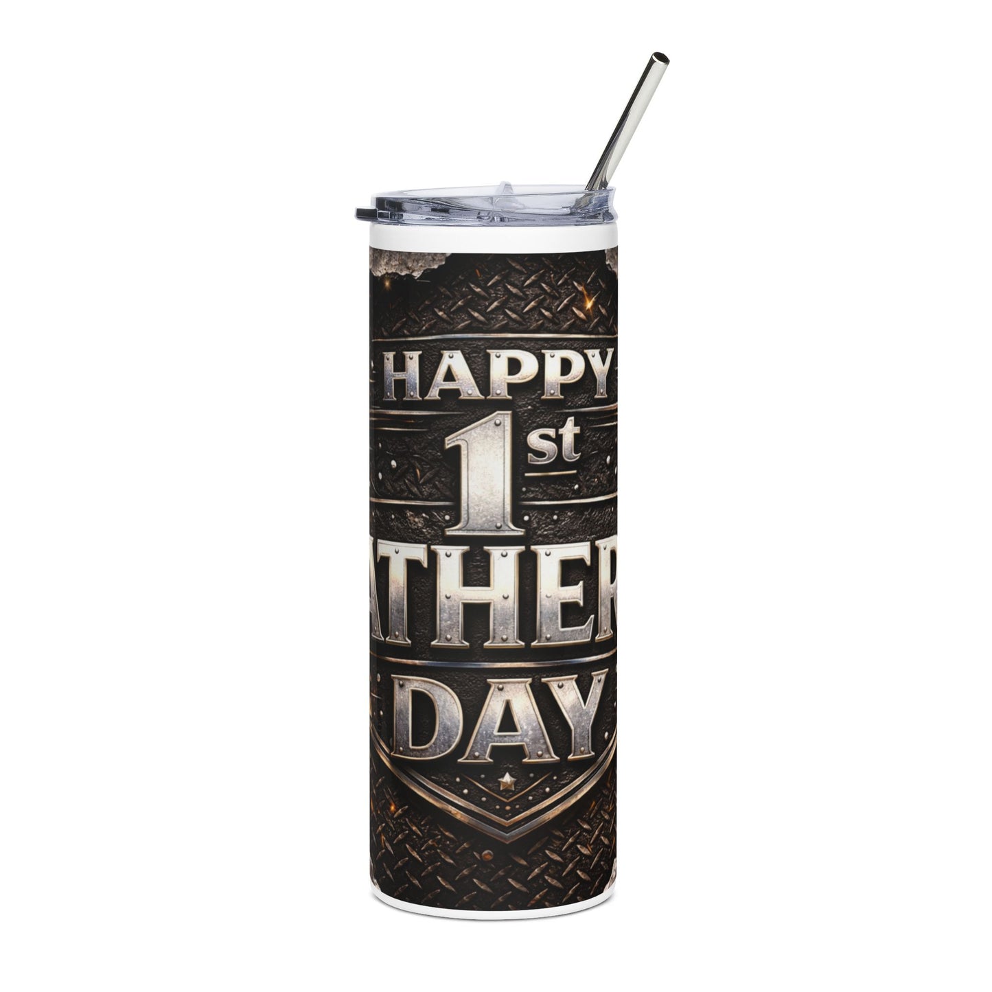 Father's Day 20oz Stainless Steel Tumbler — "Happy 1st Father Day" Vintage Metal Badge Design