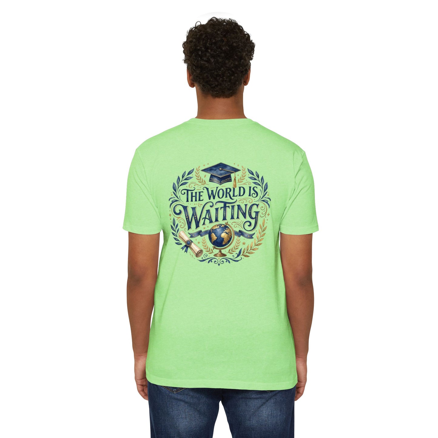 Graduation T-Shirt - "The World Is Waiting" Cap & Globe Design