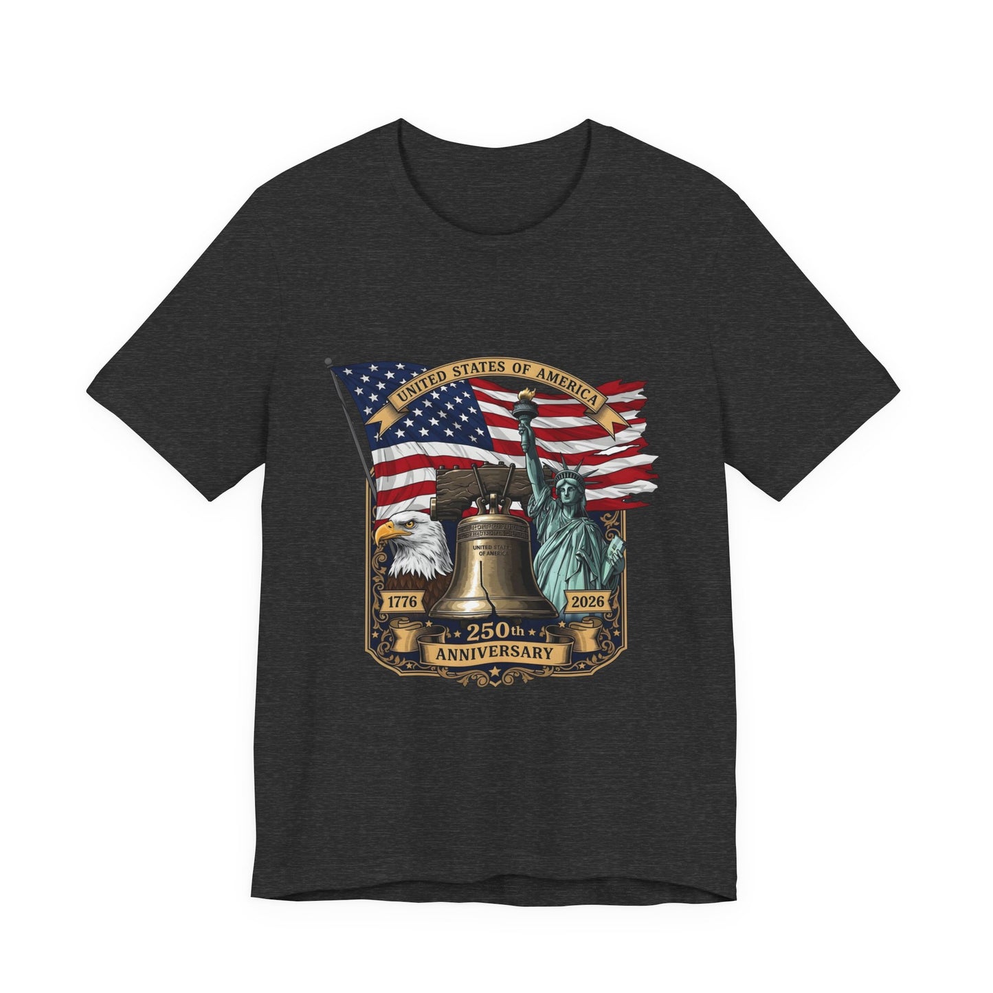 Liberty 250th Anniversary T-Shirt — American Flag, Liberty Bell & Statue of Liberty Tee