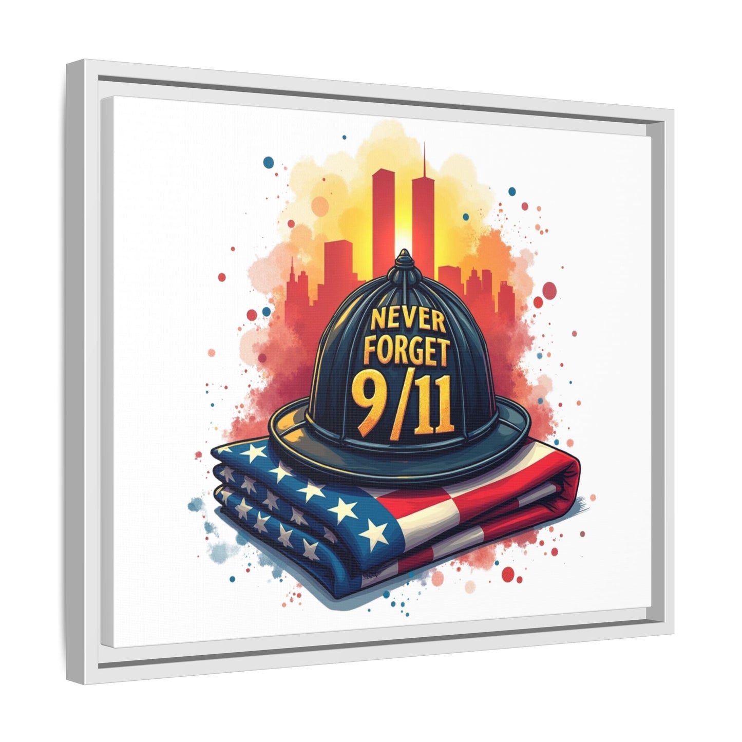 Never Forget 9/11 Framed Canvas Print — Firefighter Helmet & American Flag Memorial Art