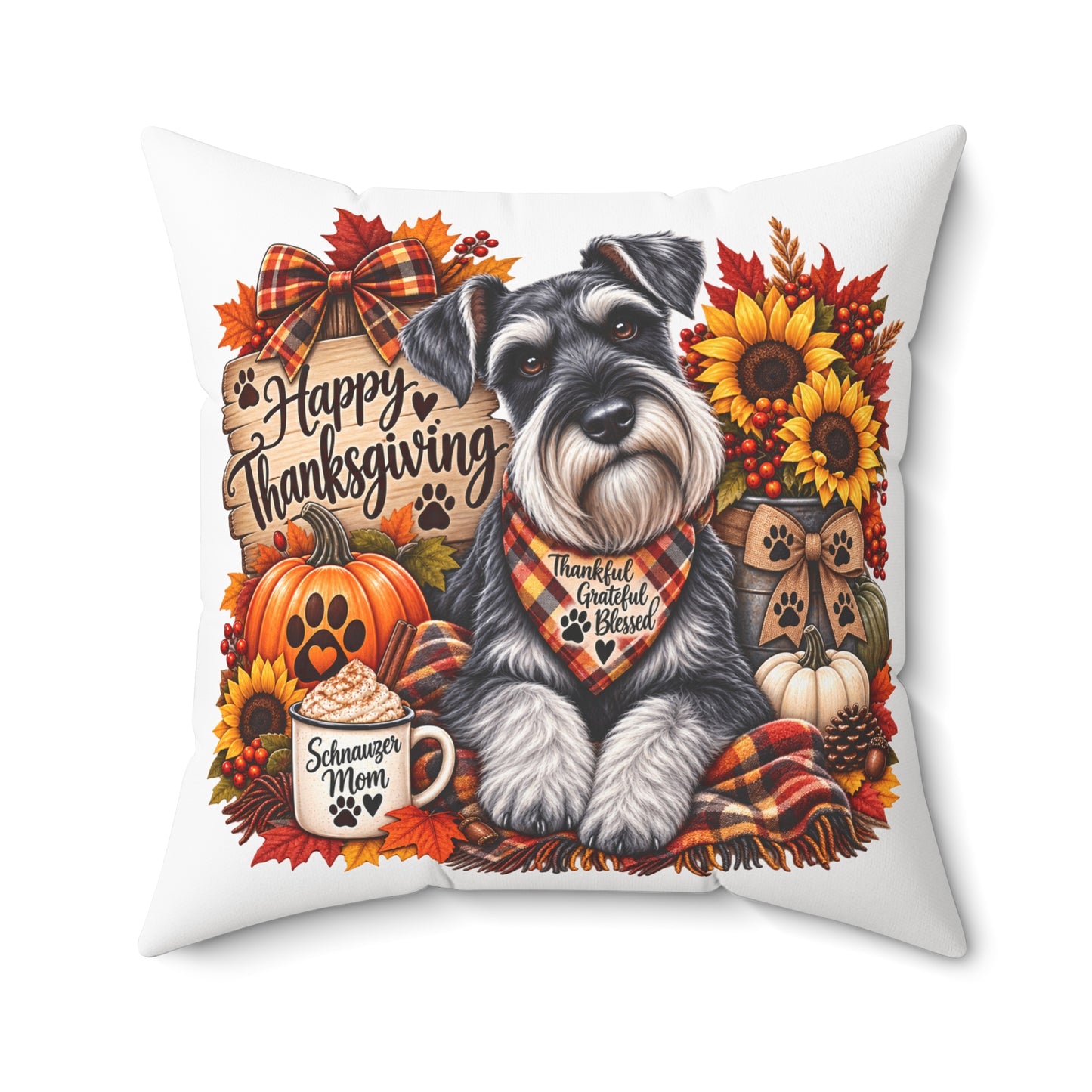 Happy Thanksgiving Schnauzer Pillow — Fall Decor Square Cushion