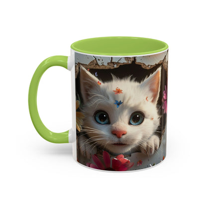 Cute White Kitten Coffee Mug – Floral Accent 11/15oz