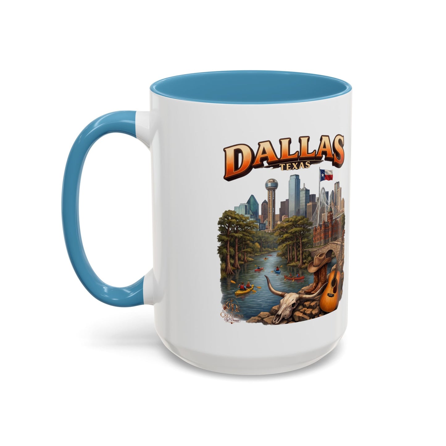 Dallas Skyline Accent Coffee Mug — Texas Souvenir Mug with Guitar & Cityscape