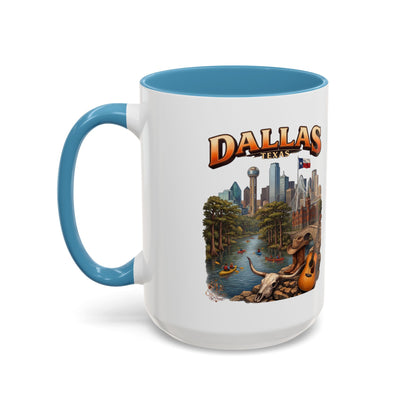 Dallas Skyline Accent Coffee Mug — Texas Souvenir Mug with Guitar & Cityscape