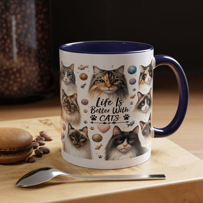 Life Is Better With Cats Accent Coffee Mug — Cat Lover Ceramic Mug (11/15oz)