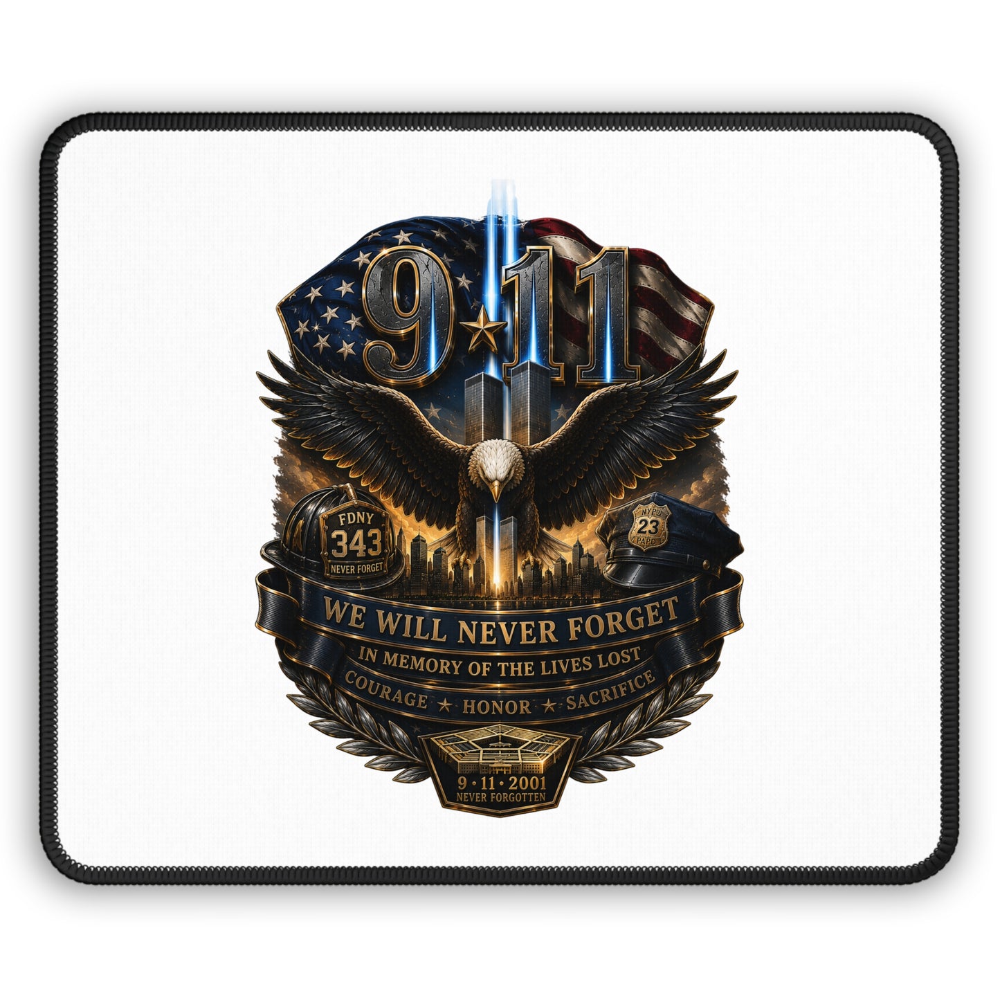 9/11 We Will Never Forget Gaming Mouse Pad — Memorial Tribute Desk Mat