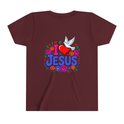 Youth Tee — "I  Jesus" Colorful Dove & Floral Christian Shirt
