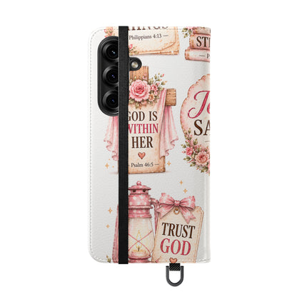 Christian Floral Phone Flip Case — "Jesus Saves" & Inspirational Scripture Wallet Cover