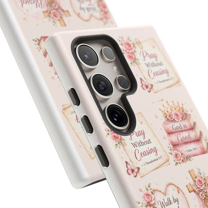 Christian Floral Phone Case — "Pray Without Ceasing" Faith Cross Design