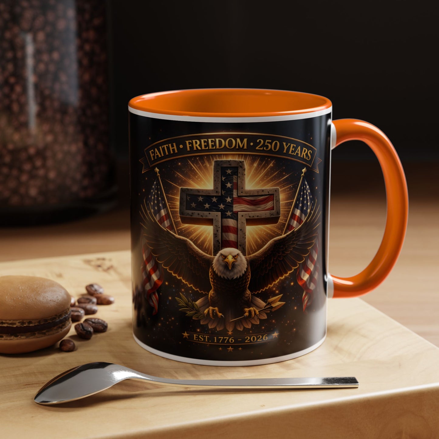 Patriotic Faith & Freedom Accent Coffee Mug — Eagle, Cross & American Flag (1776–2026)