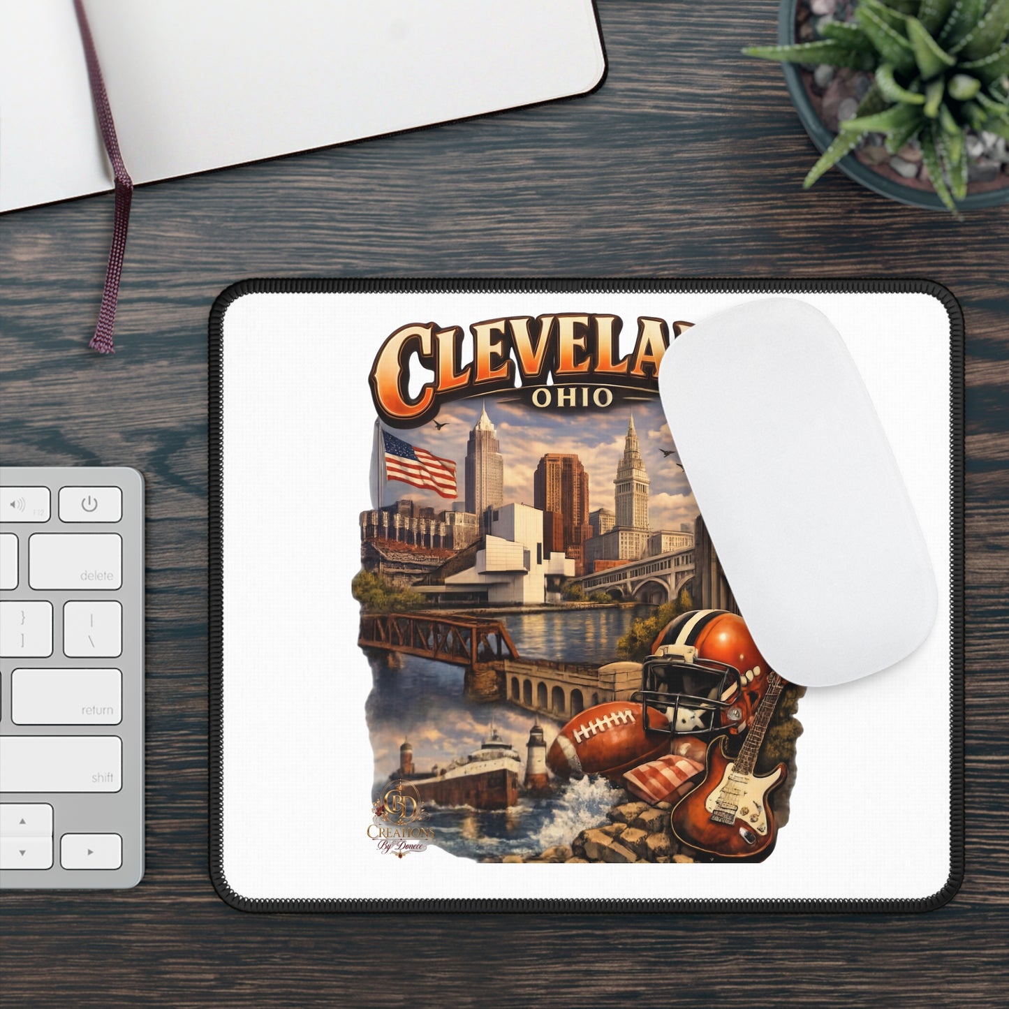 Cleveland Ohio Collage Gaming Mouse Pad — City Skyline, Football & Music Graphic