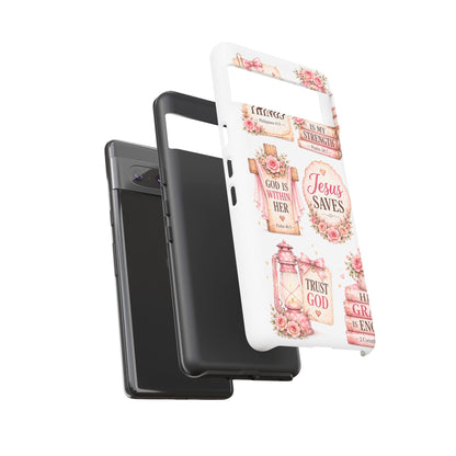 Christian Phone Case — Jesus Saves Floral Tough Case with 'God Is Within Her' & 'Trust God' Design