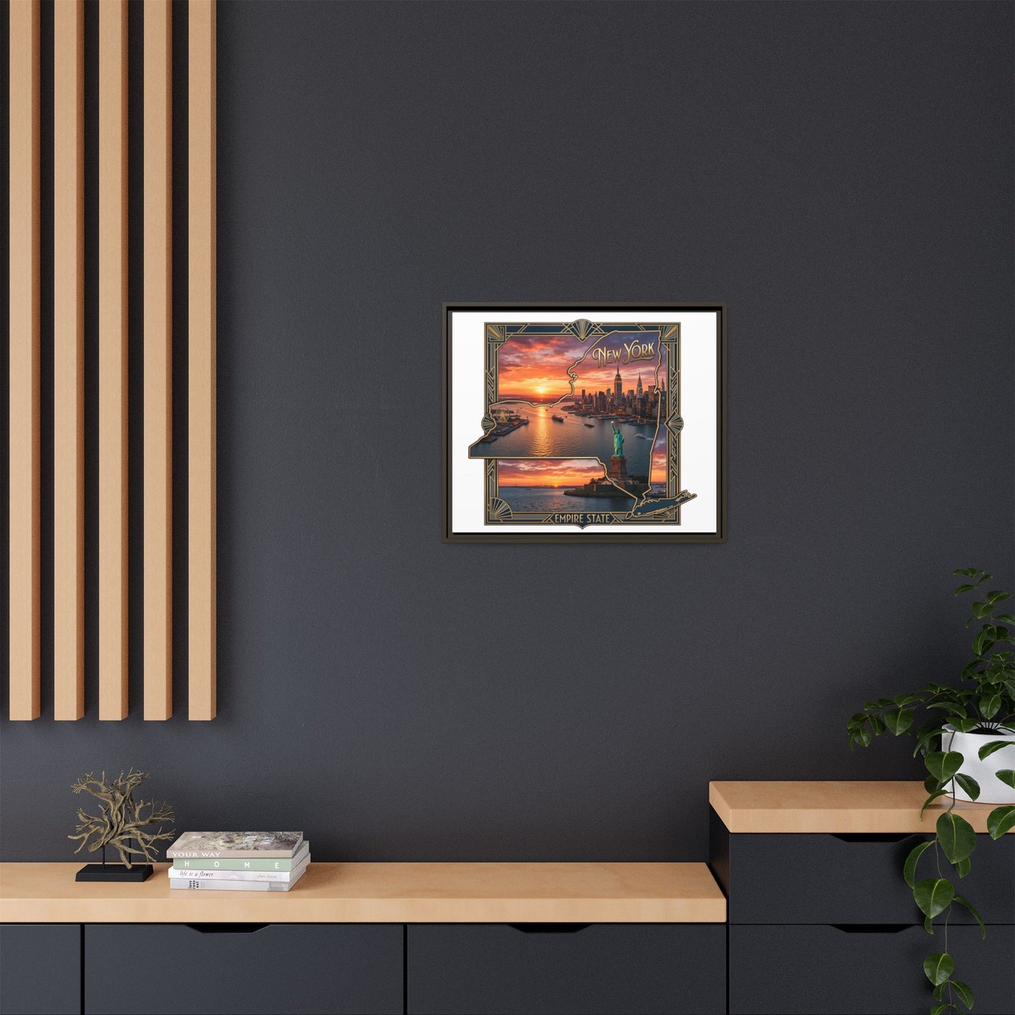 Framed Matte Canvas Wall Art — New York City Sunset Skyline with Statue of Liberty