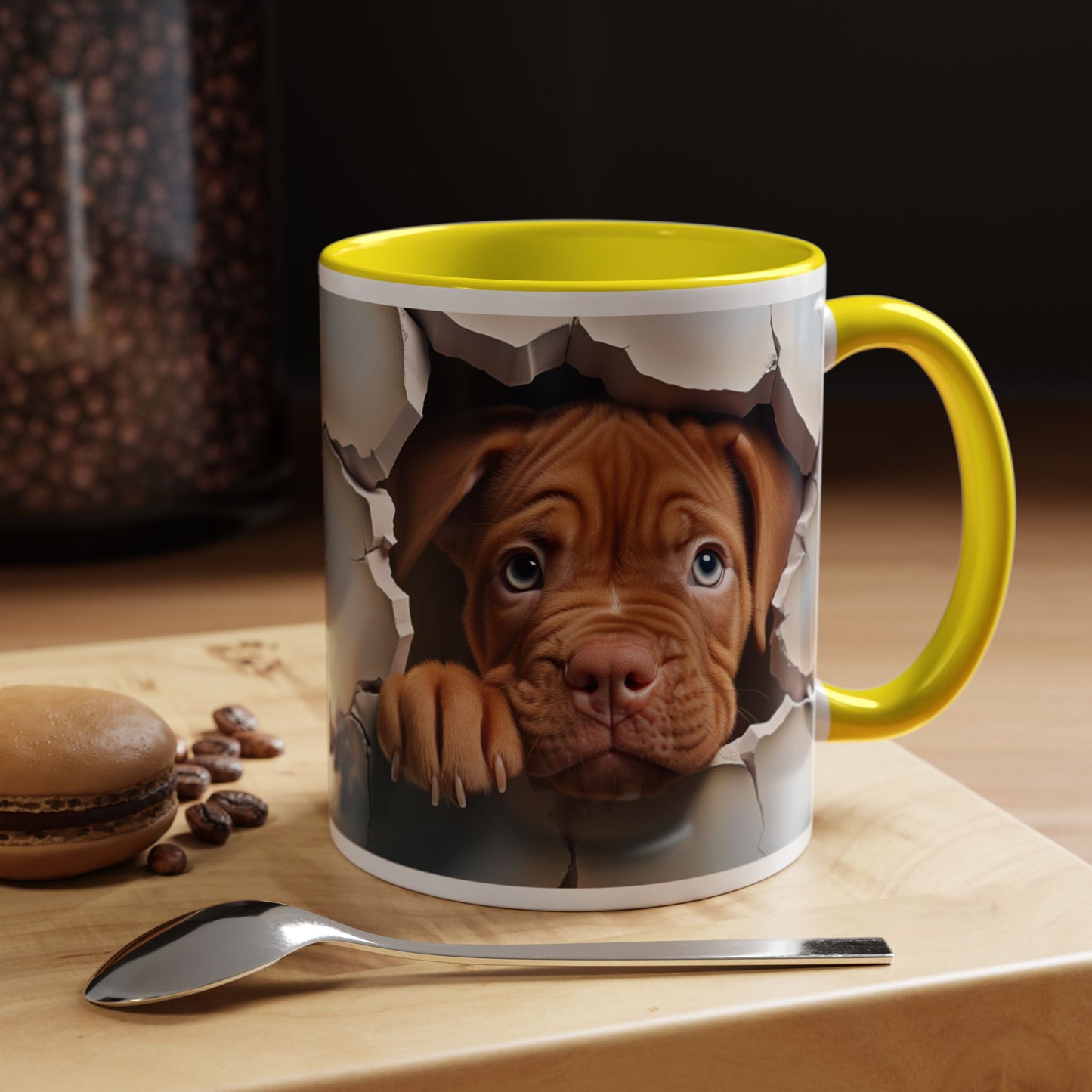 Peekaboo Puppy Accent Coffee Mug — Cute Brown Puppy Breaking Through Design (11/15oz)