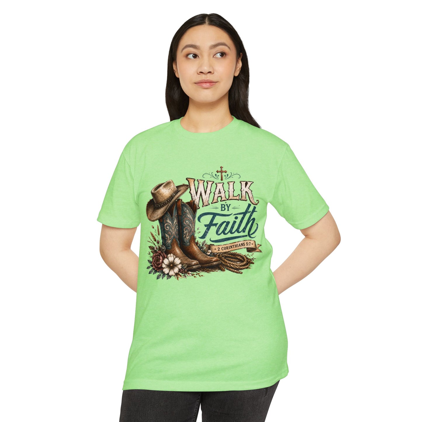 Walk By Faith T-Shirt — Christian Cowboy Boots & Hat Graphic Tee