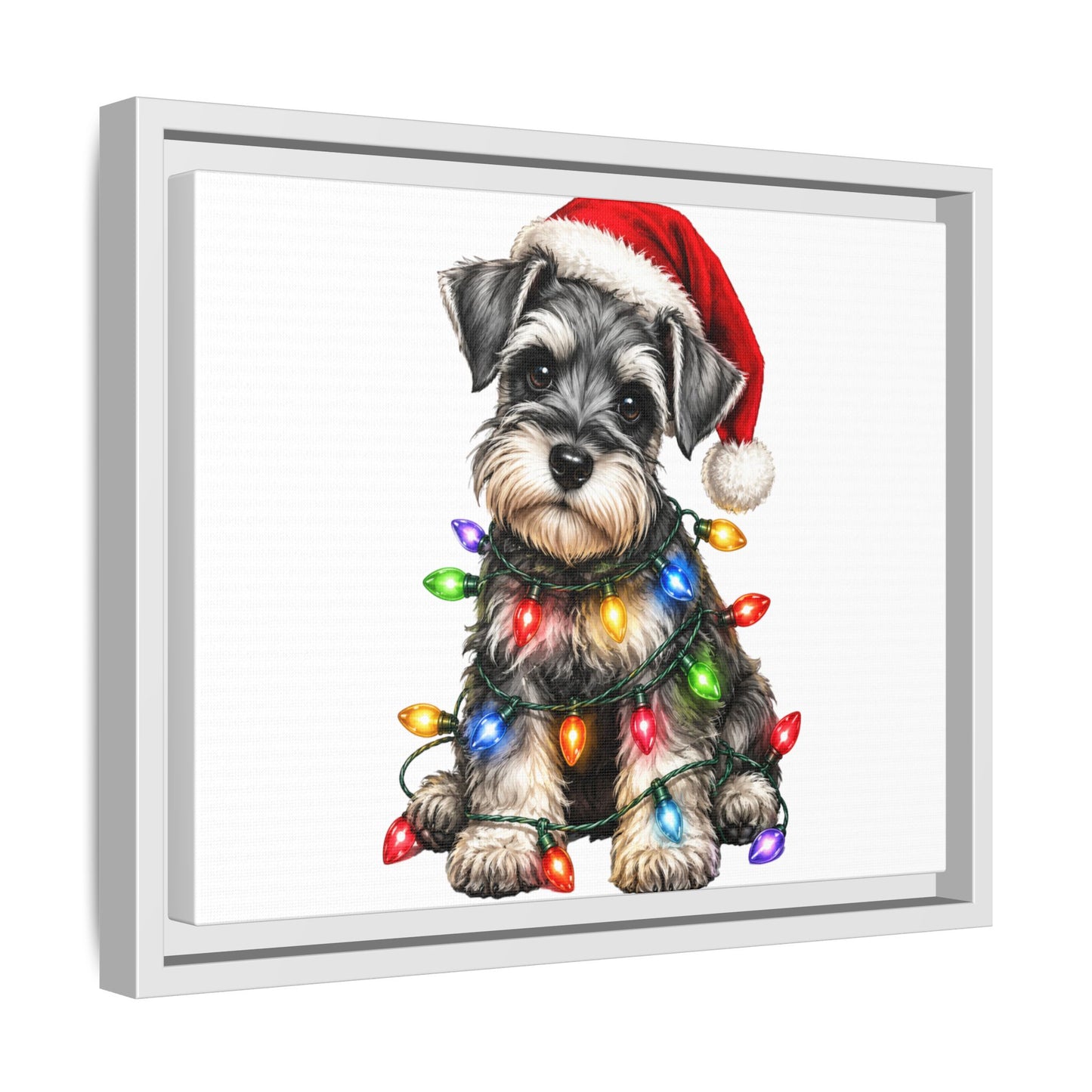 Holiday Schnauzer Canvas Print — Framed Matte Wall Art with Christmas Lights