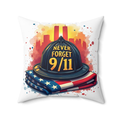 Never Forget 9/11 Memorial Throw Pillow — Firefighter Helmet & American Flag