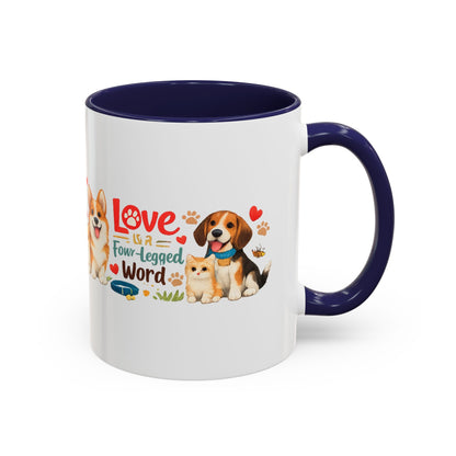 Dog Lover Accent Coffee Mug — “Love is a Four-Legged Word” Ceramic Gift