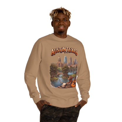 Austin Texas Sweatshirt — Vintage Cityscape & Guitar Crewneck
