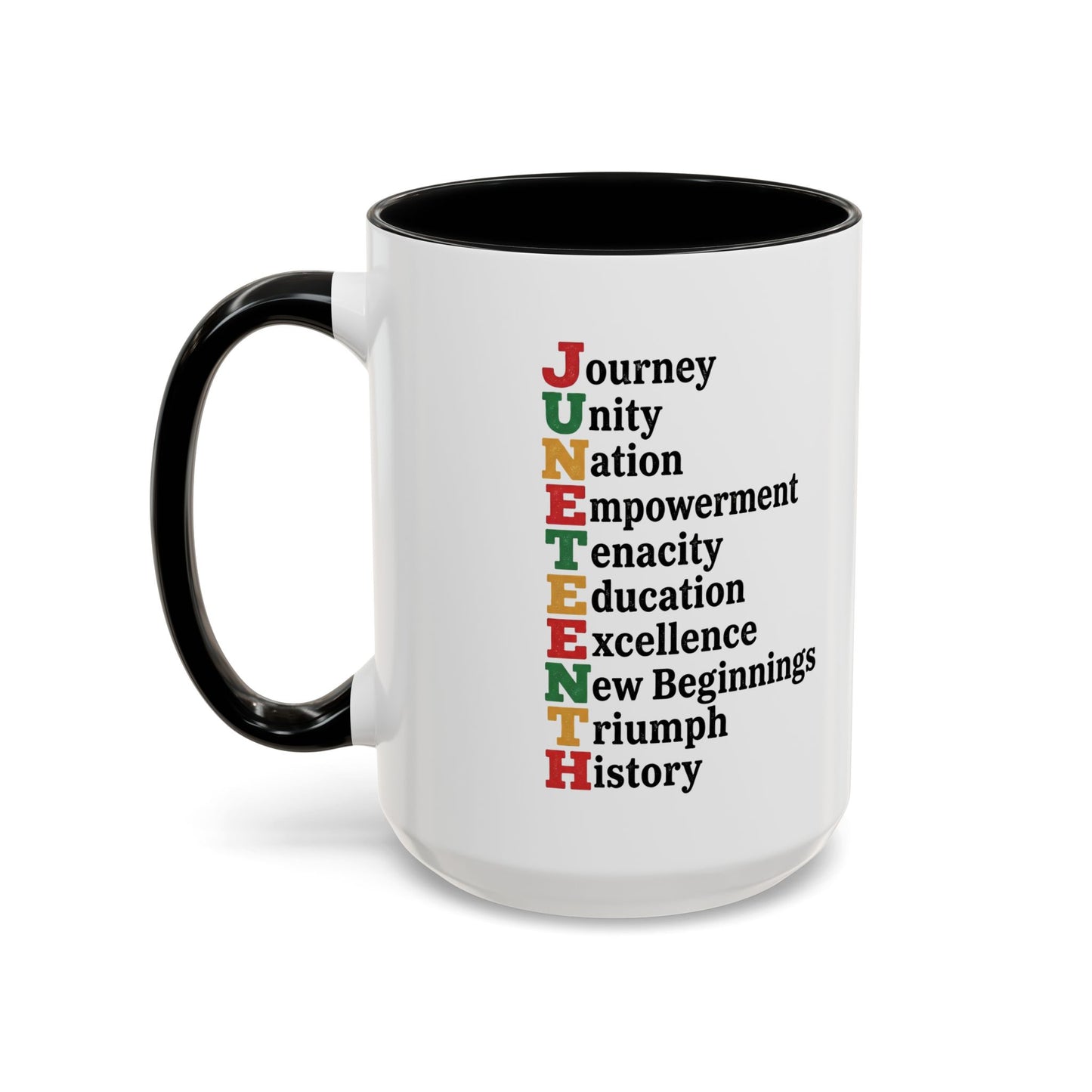 Juneteenth Acronym Accent Coffee Mug – Journey Unity Nation Empowerment (11/15oz)