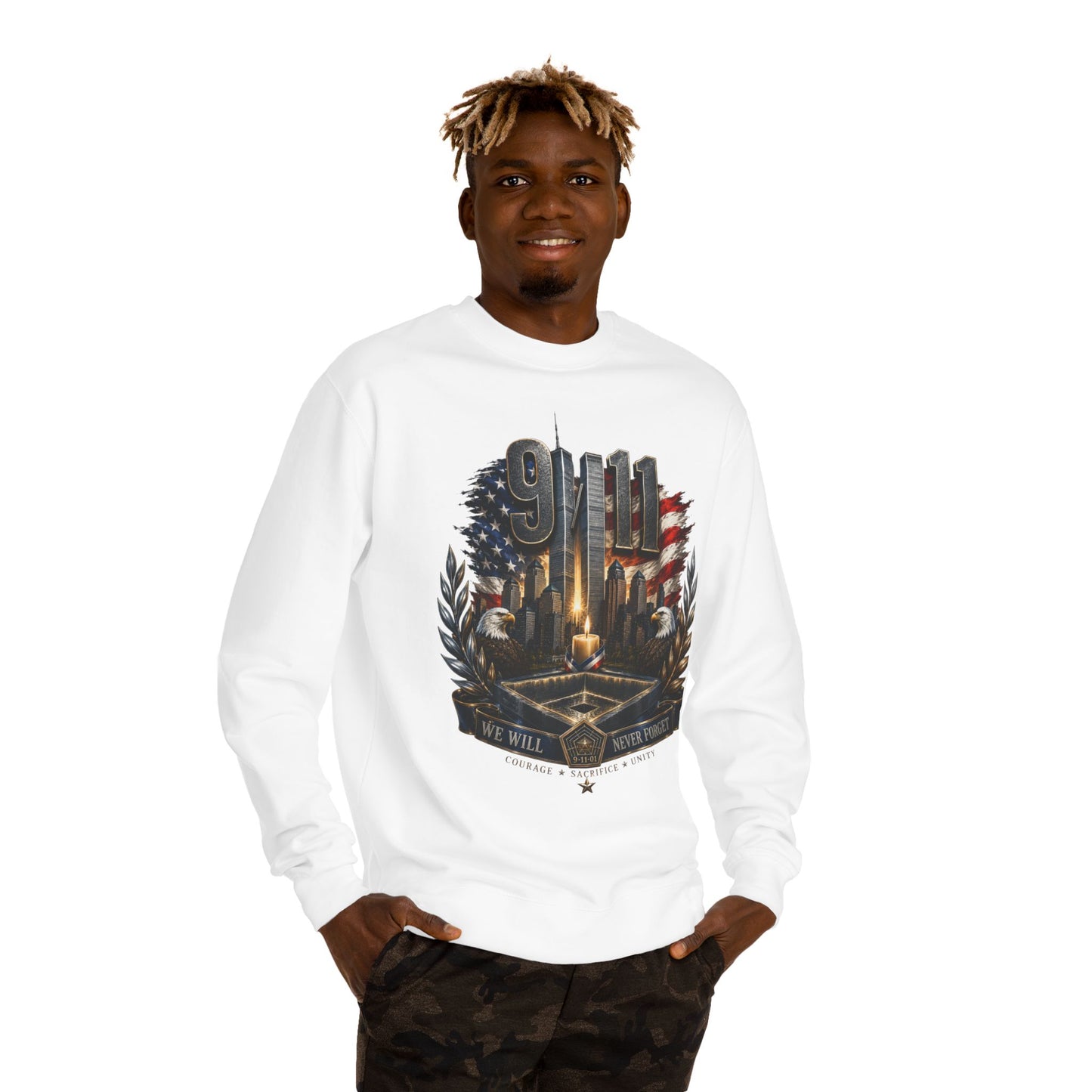 9/11 Memorial Crewneck Sweatshirt — We Will Never Forget Tribute