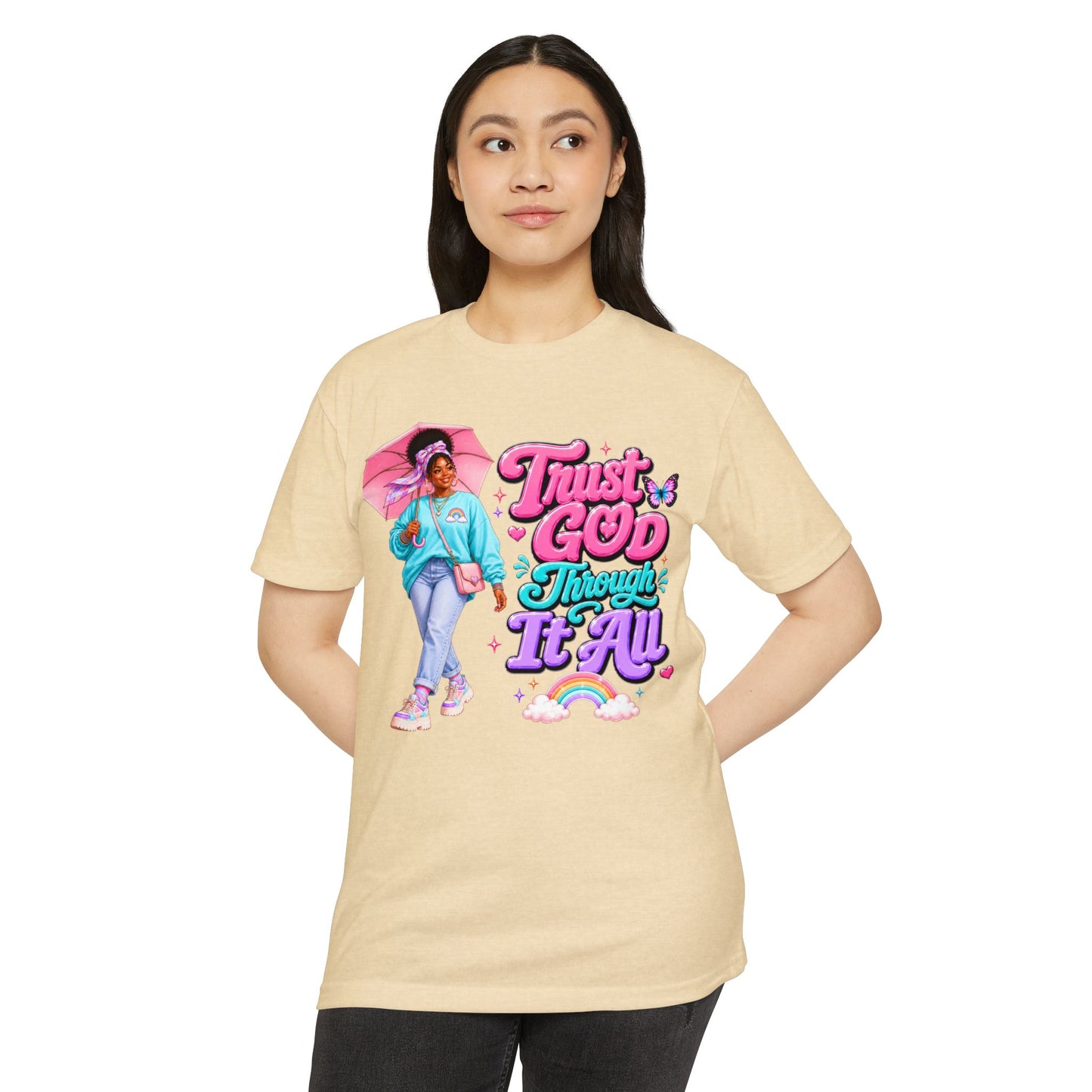 Trust God Through It All T-Shirt — Inspirational Faith Tee with Colorful Girl Illustration
