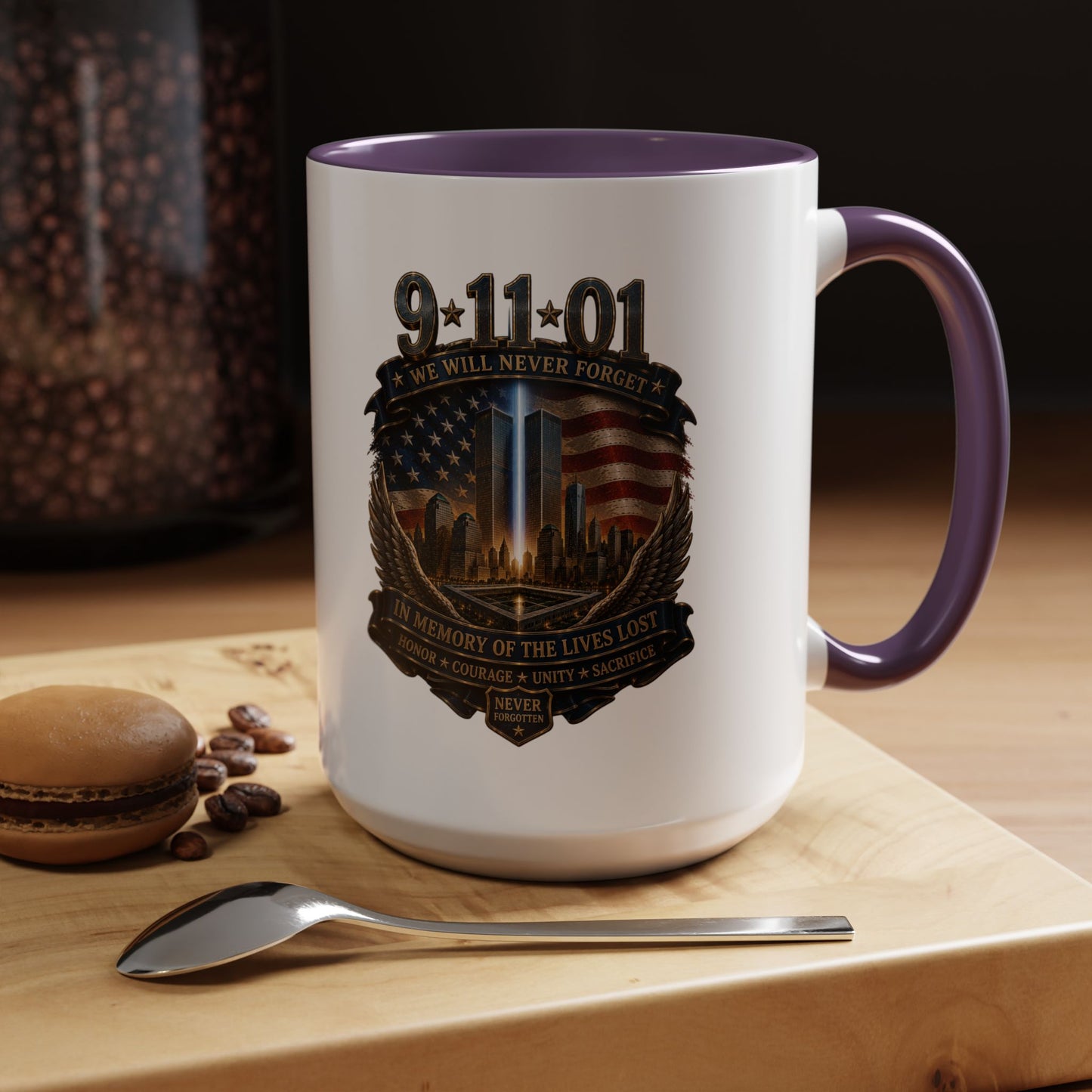 9/11 Memorial Coffee Mug — 'We Will Never Forget' Tribute Accent Mug